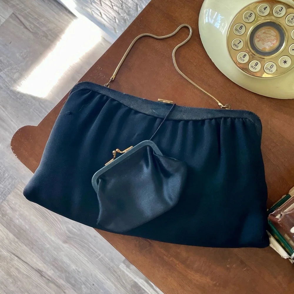 Vintage 1950s Black Fabric Gold Metal Clasp Top Shoulder Bag and Change Purse - Picture 1 of 15